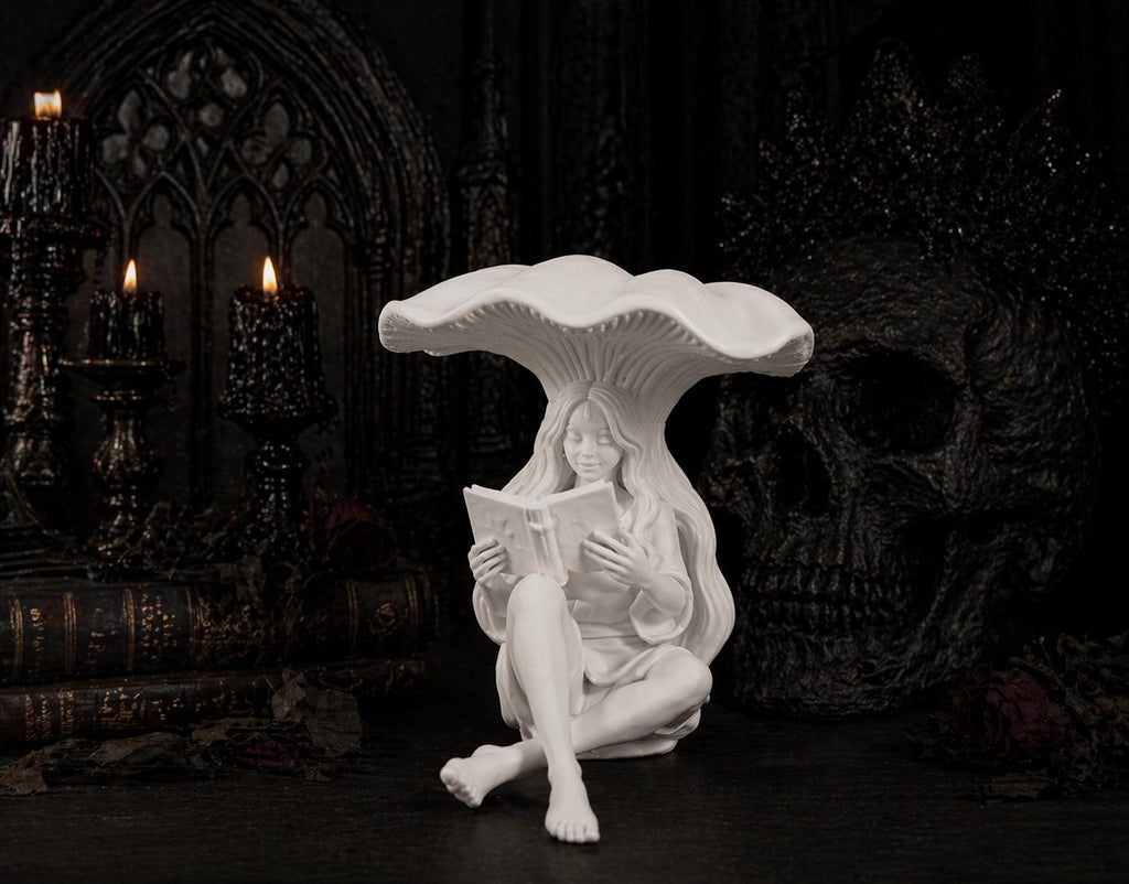 Fairy Reading Figurine, Mushroom Decor Statue, Gothic Book Nook