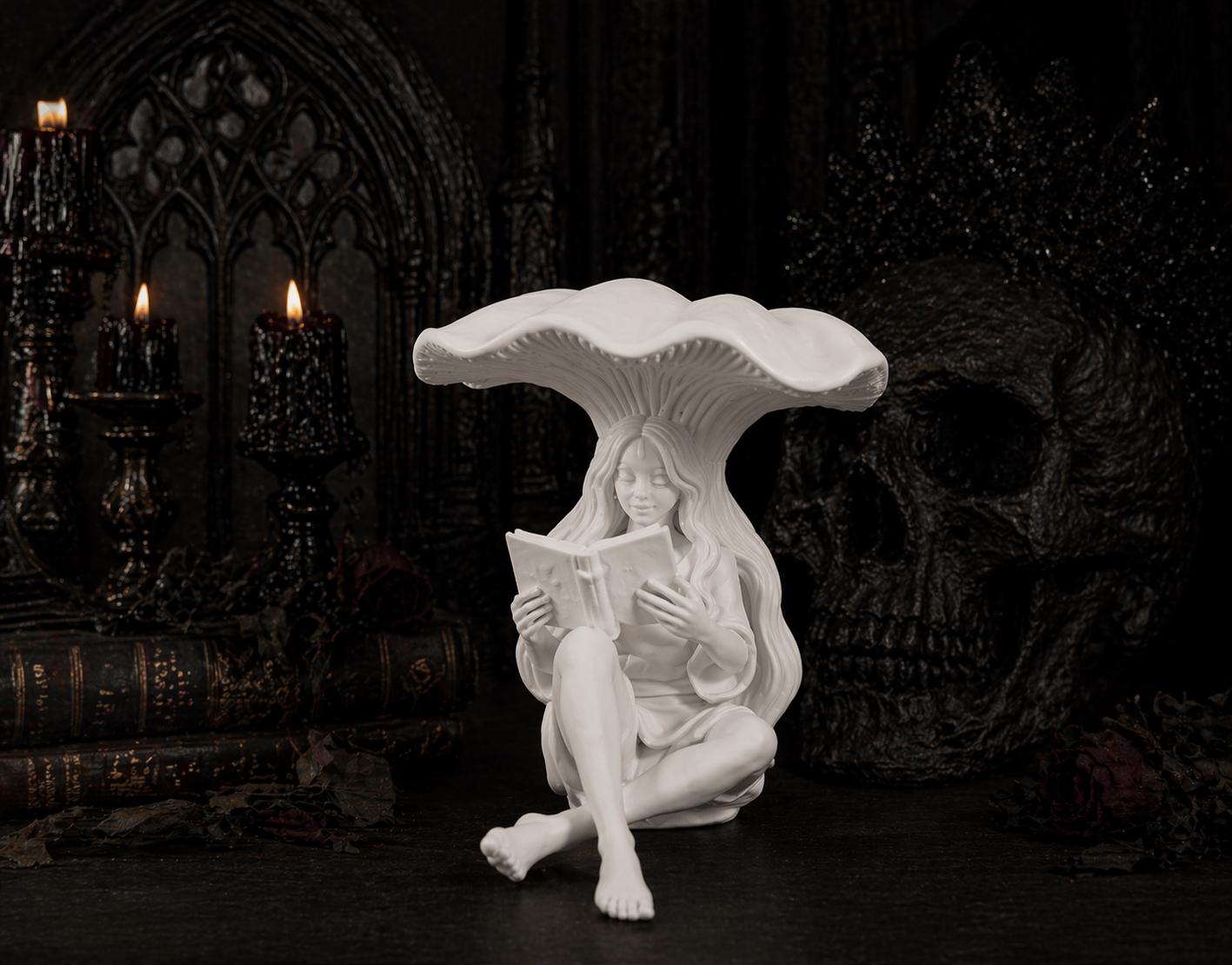 Fairy Reading Figurine, Mushroom Decor Statue, Gothic Book Nook