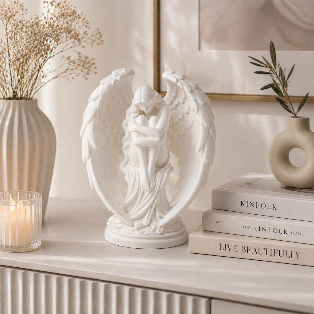 Fallen Guardian Angel Sculpture – White Winged Figurine, Celestial Home Decor