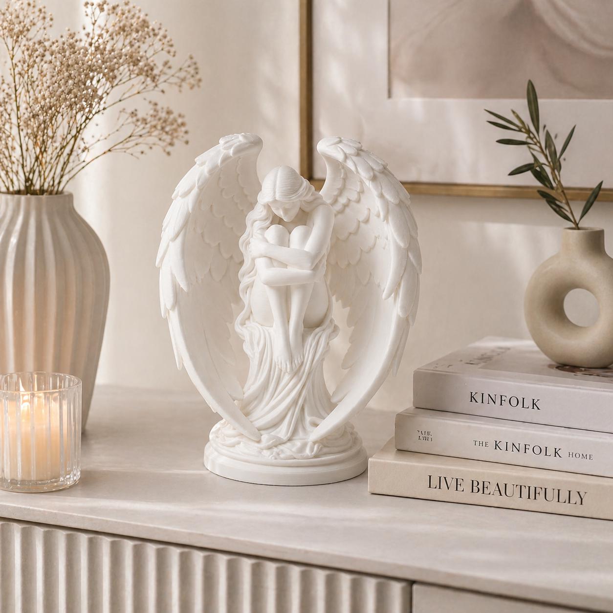 Fallen Guardian Angel Sculpture – White Winged Figurine, Celestial Home Decor