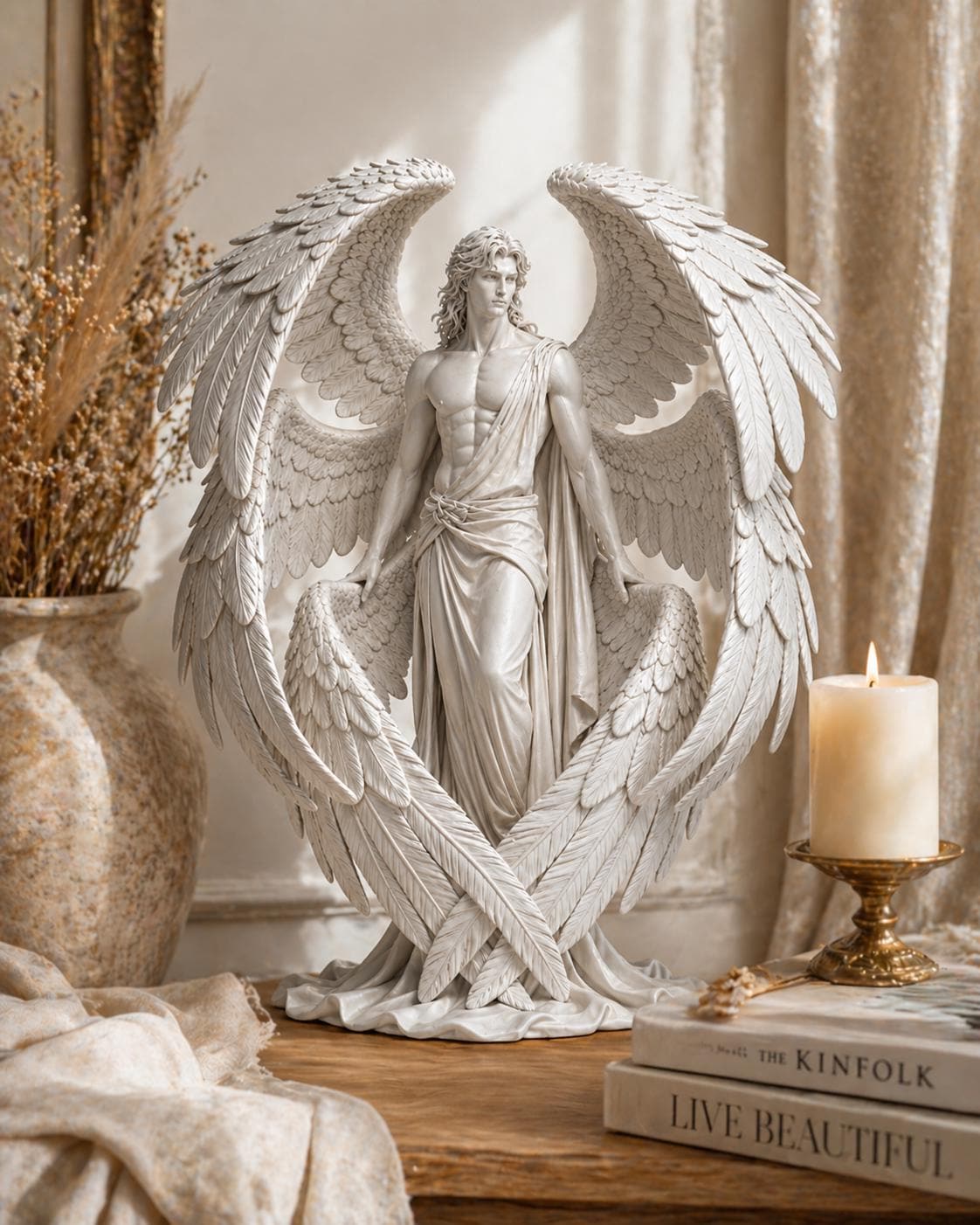 Guardian Angel Sculpture – White Male Winged Figurine, Celestial Home Decor