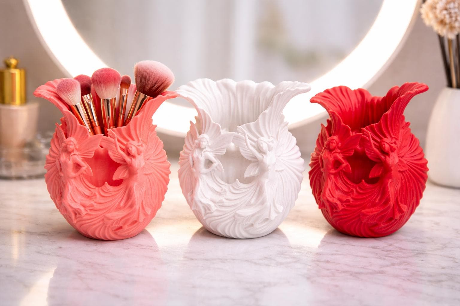 Fairy Makeup Brush Holder, Pink/White Vanity Decor, Fantasy Brush Cup, Beauty Storage Organizer