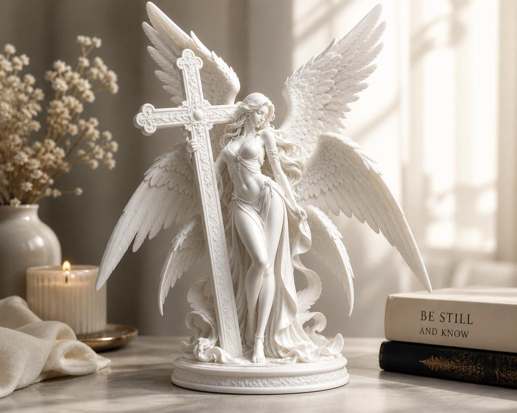 Guardian Archangel Angel Statue with cross , Gothic Meditation Sculpture, Fantasy Spiritual Decor