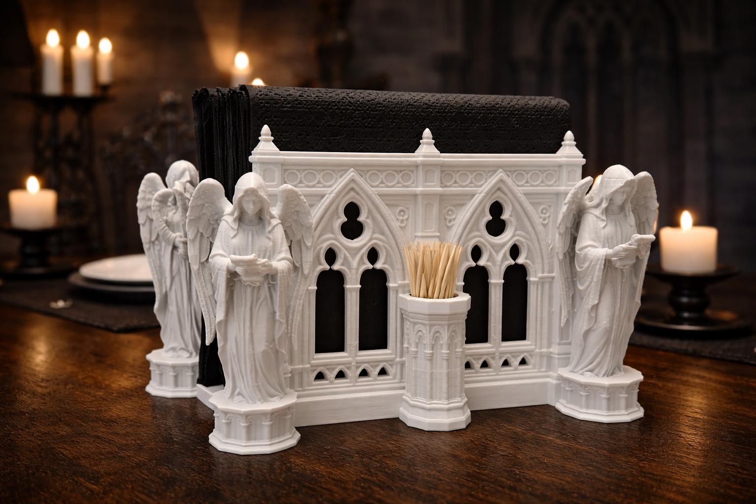 Gothic Cathedral Napkin Holder with Angel Statues – Medieval Table Decor Accent