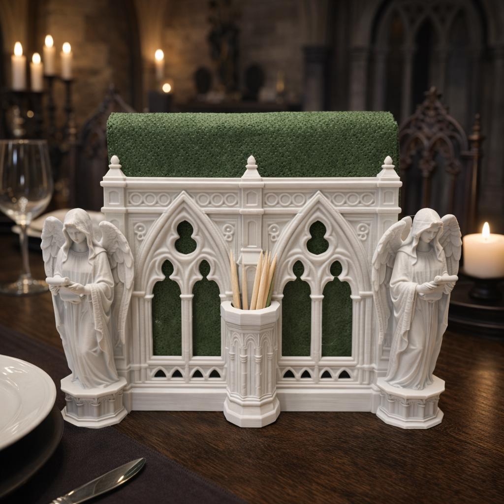 Gothic Cathedral Napkin Holder with Angel Statues – Medieval Table Decor Accent