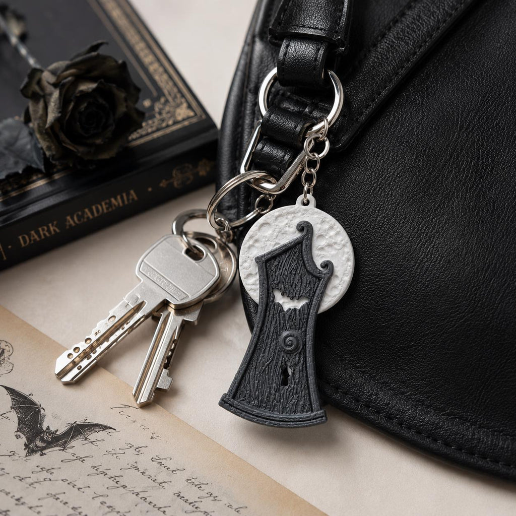 Gothic Moon Door Keychain, Dark Academia Bat Charm, Witchy Bag Accessory