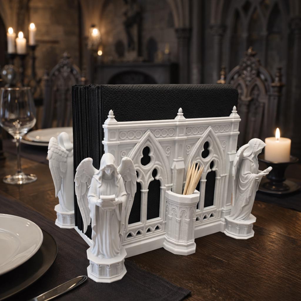 Gothic Cathedral Napkin Holder with Angel Statues – Medieval Table Decor Accent