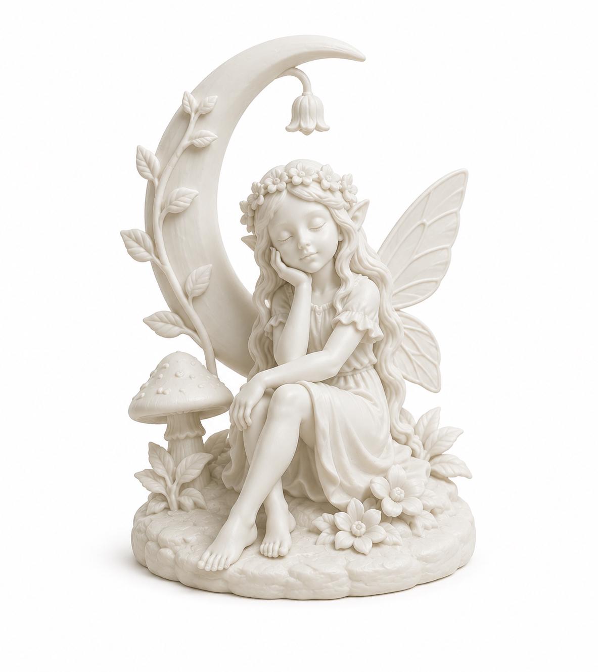 Sleeping Moon Fairy Statue, Whimsical Woodland Cottagecore Decor