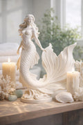 White Mermaid Statue, Coastal Beach House Decor, Ocean Inspired Figurine, Feminine Spa Home