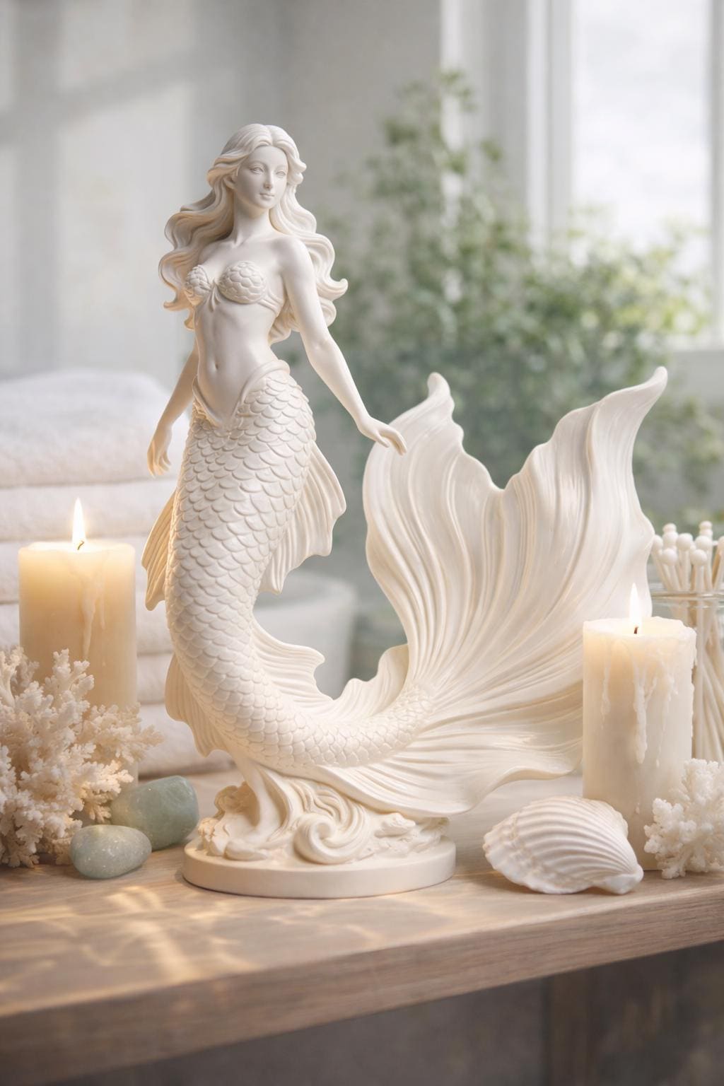 White Mermaid Statue, Coastal Beach House Decor, Ocean Inspired Figurine, Feminine Spa Home