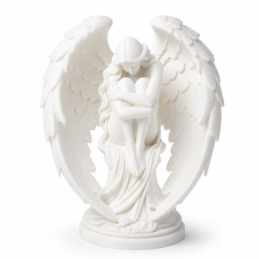 Fallen Guardian Angel Sculpture – White Winged Figurine, Celestial Home Decor