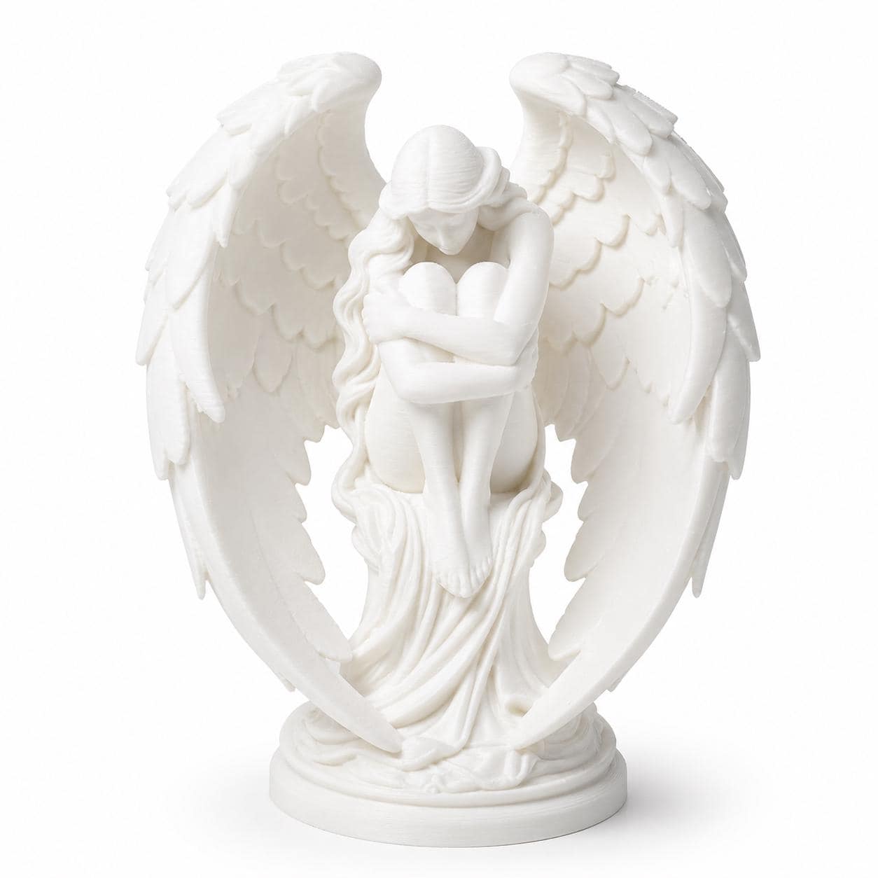 Fallen Guardian Angel Sculpture – White Winged Figurine, Celestial Home Decor