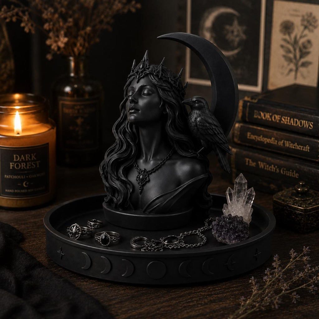 Gothic Moon Goddess Raven Tray, Witchy Jewelry Dish, Celestial Altar Organizer