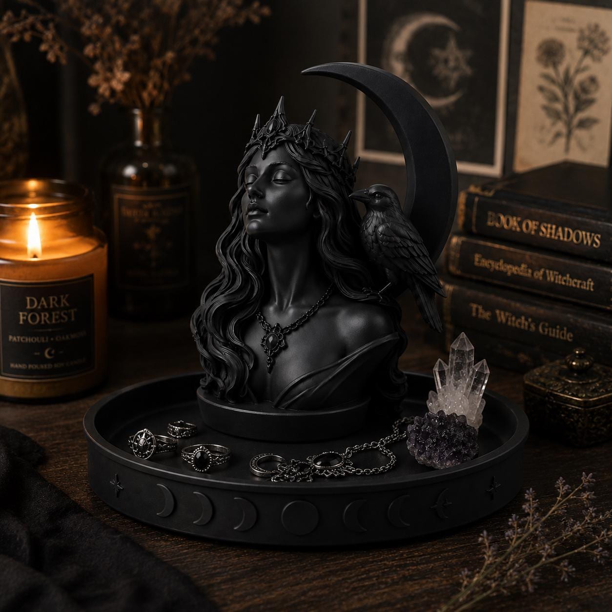 Gothic Moon Goddess Raven Tray, Witchy Jewelry Dish, Celestial Altar Organizer