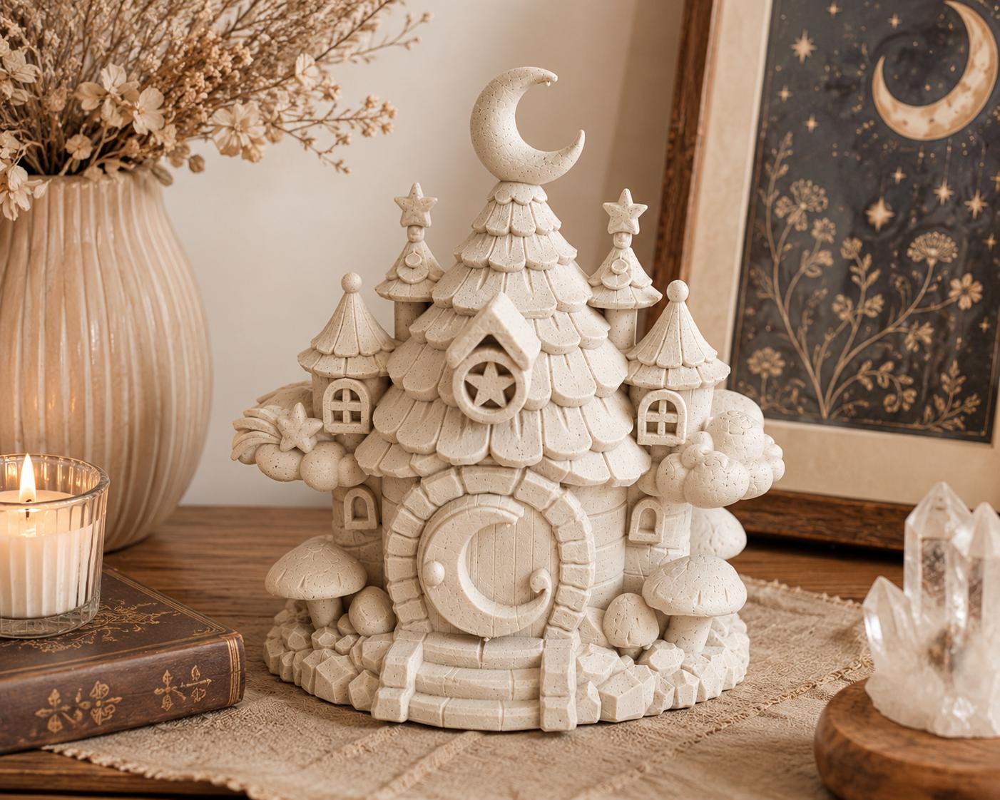 Moon Cottage Fairy House, Whimsical Fantasy Miniature, Cottagecore Desk Decor