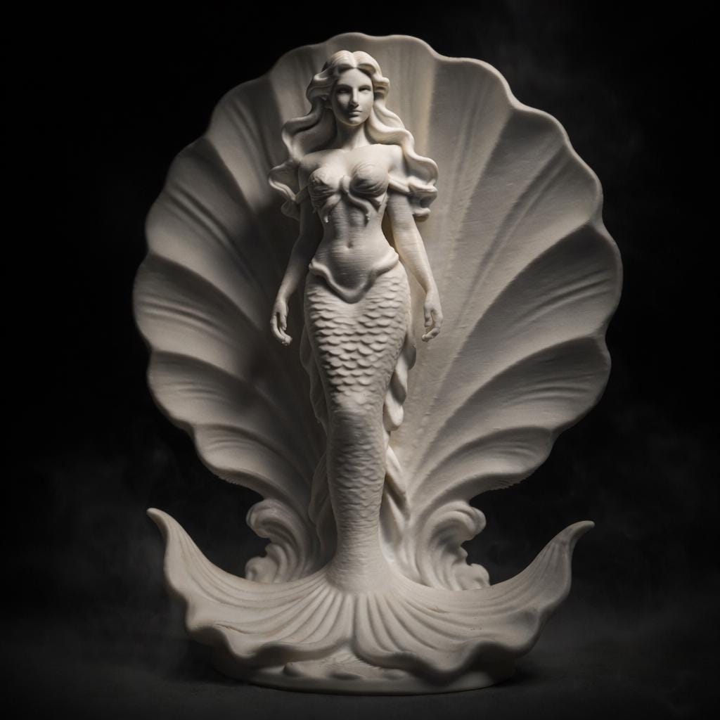 Mermaid Seashell Sculpture, Ocean Inspired Goddess Figure, Coastal Home Decor