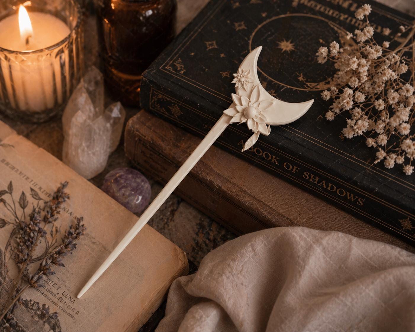 Floral Crescent Moon Hair Pin, Boho Witchy Bun Holder