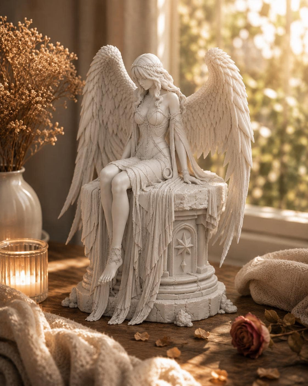Dark Guardian Angel Statue, Gothic Fantasy Shelf Decor, White Angel Figurine