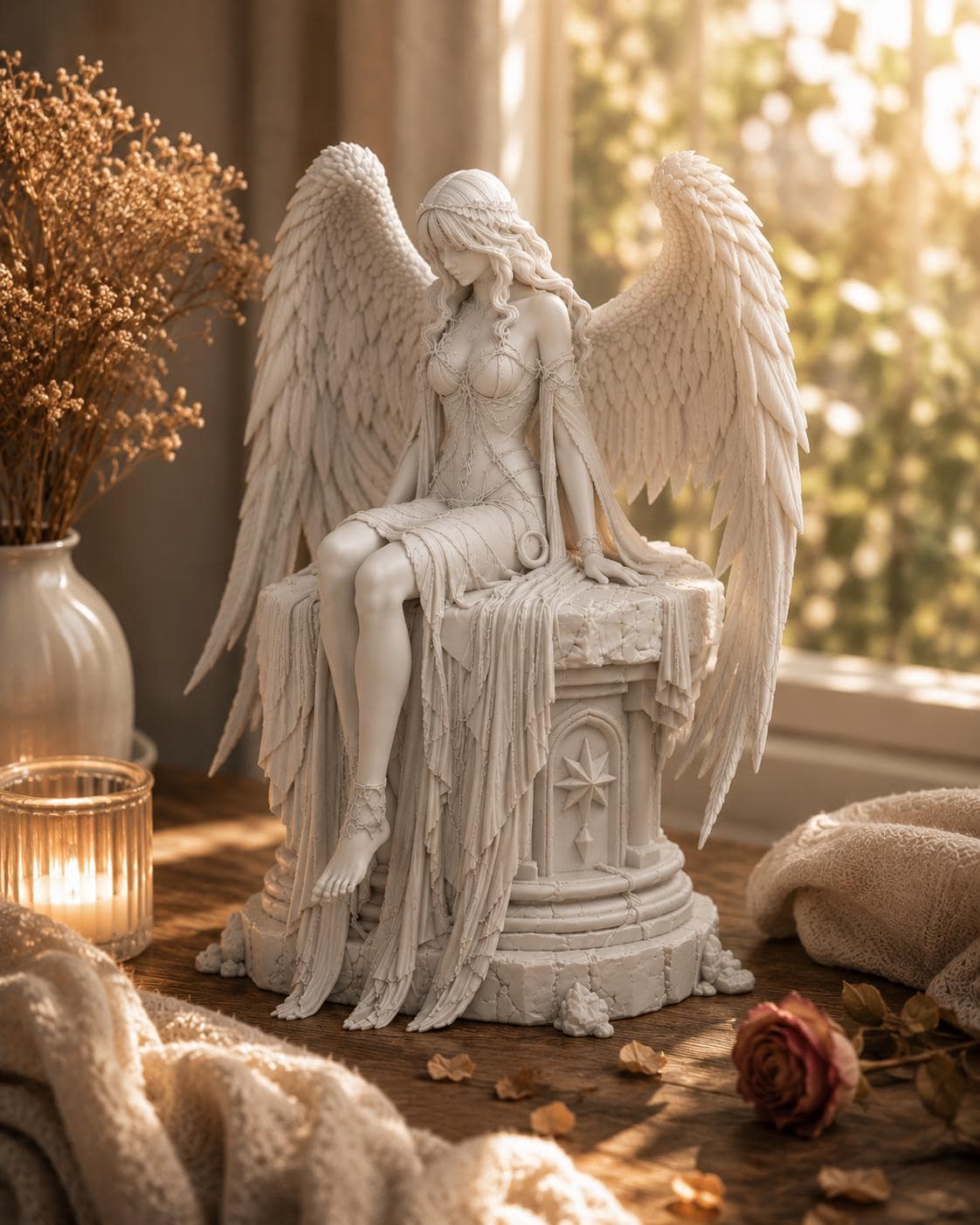 Dark Guardian Angel Statue, Gothic Fantasy Shelf Decor, White Angel Figurine