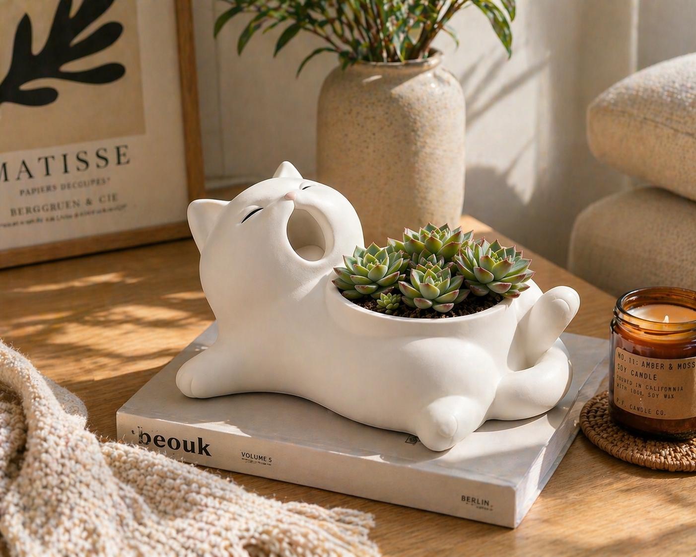 Sleepy Yawning Cat Planter, Succulent Pot, Cozy Desk Decor, Garden Decor