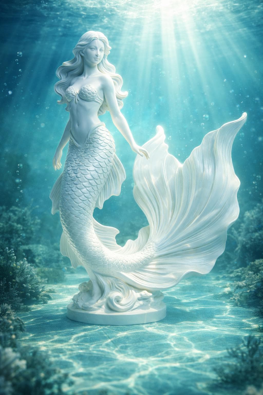 White Mermaid Statue, Coastal Beach House Decor, Ocean Inspired Figurine, Feminine Spa Home