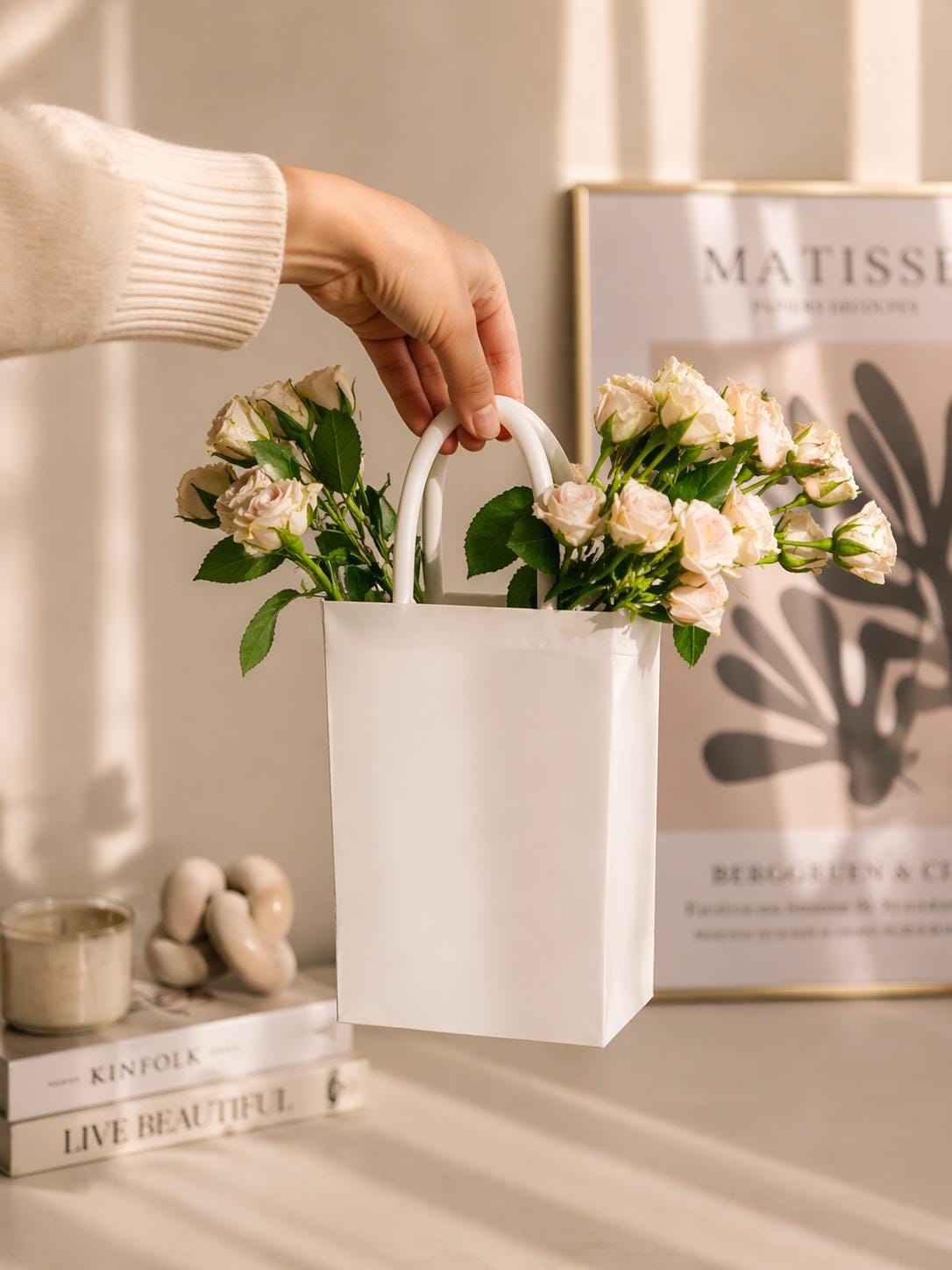 White Tote Bag Vase, Minimalist Ceramic Look, Modern Home Decor