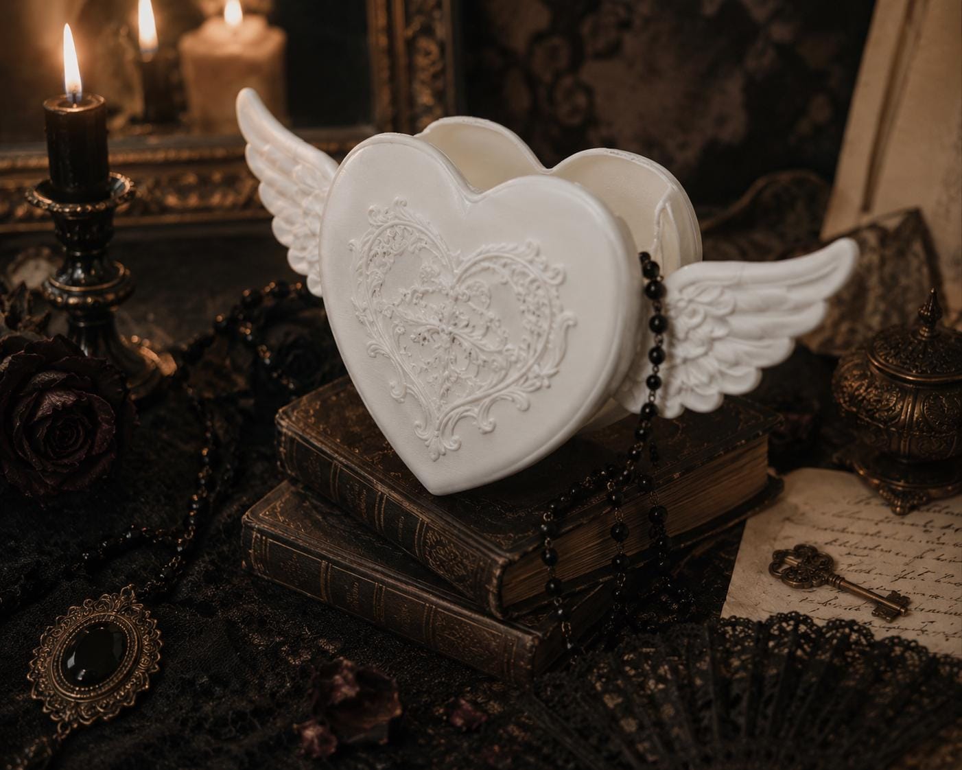 Gothic Angel Heart Jewelry Box, Winged Heart Trinket, Romantic Vanity Decor, Victorian Keepsake