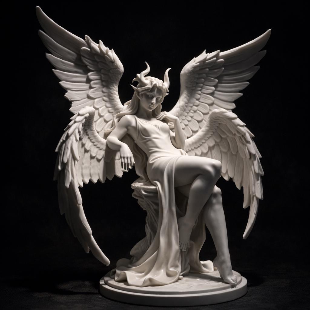 Fallen Angel Statue with Wings & Horns, Dark Fantasy Gothic Decor, Demon Angel Sculpture