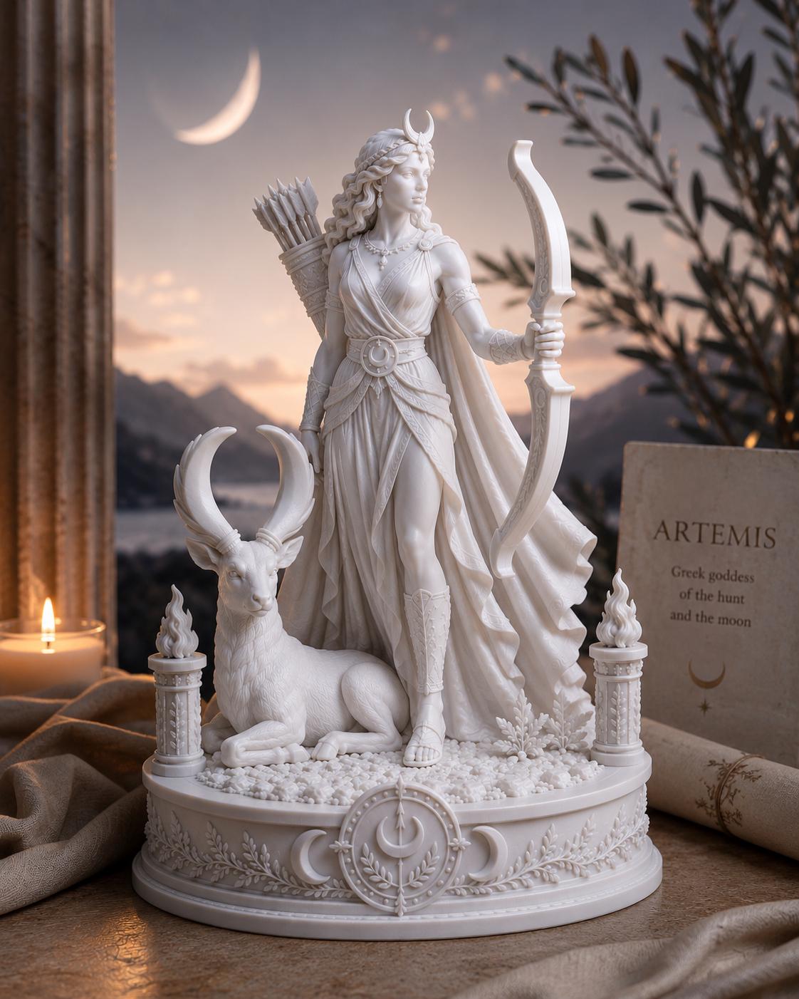 Artemis Greek Goddess Statue, Huntress Moon Deity Sculpture, White Pagan Altar Decor