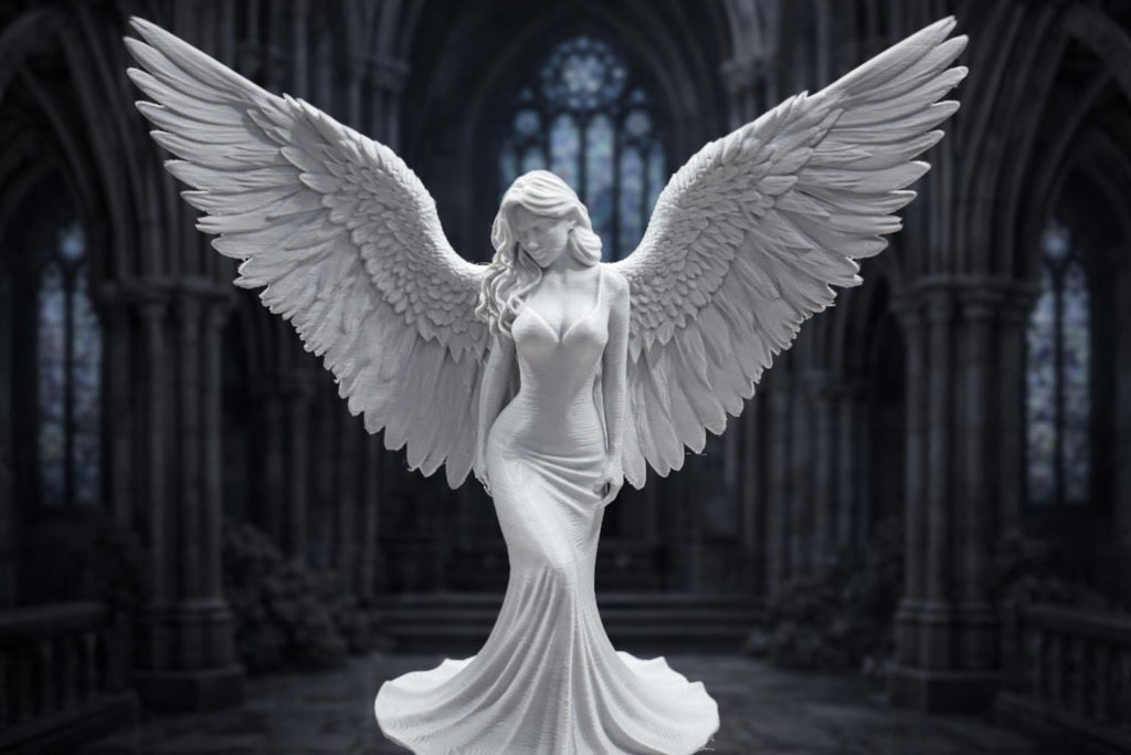 White Angel Statue, Gothic Winged Goddess Sculpture
