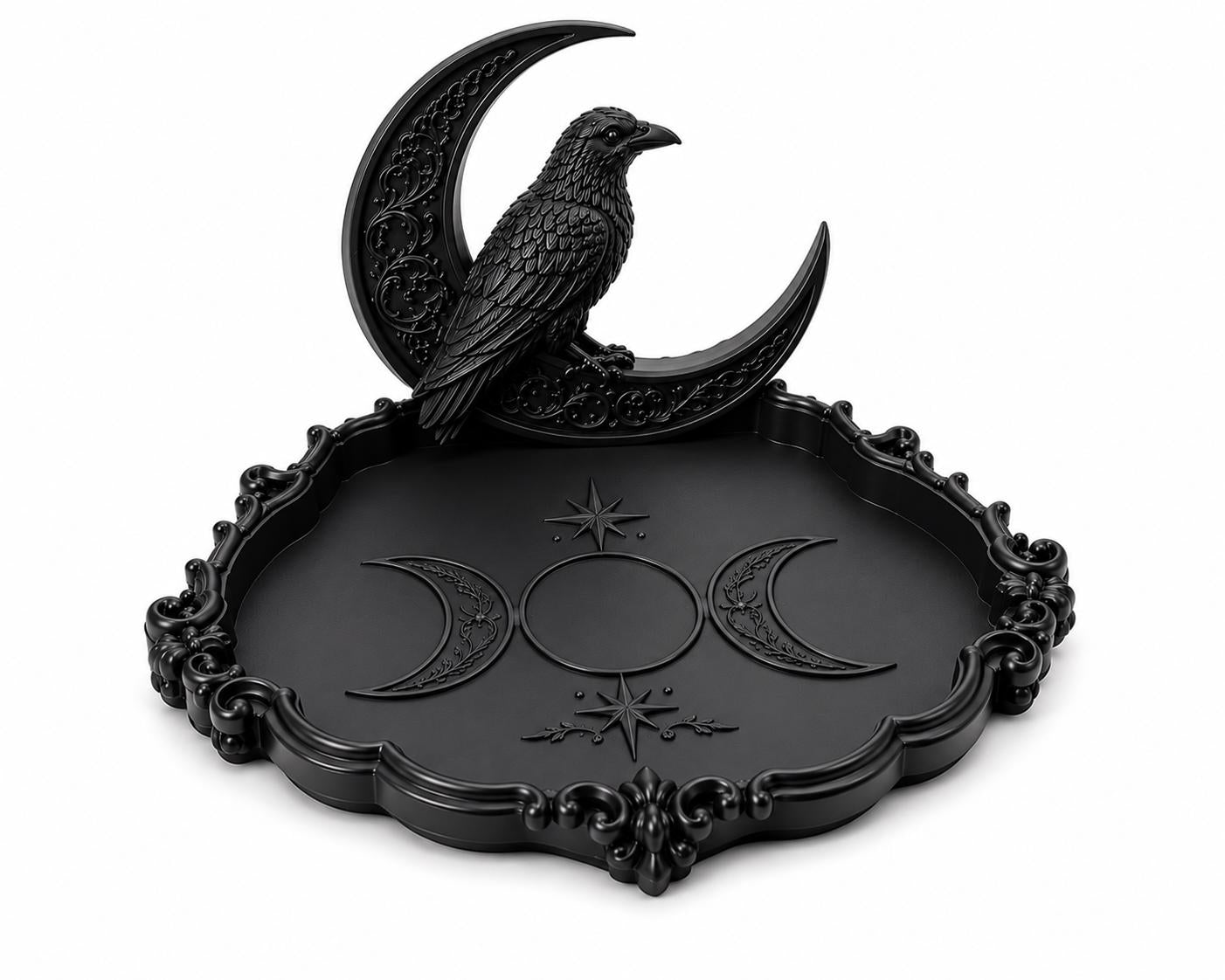 Gothic Raven Moon Tarot Tray, Triple Moon Altar Organizer, Witchy Jewelry Holder