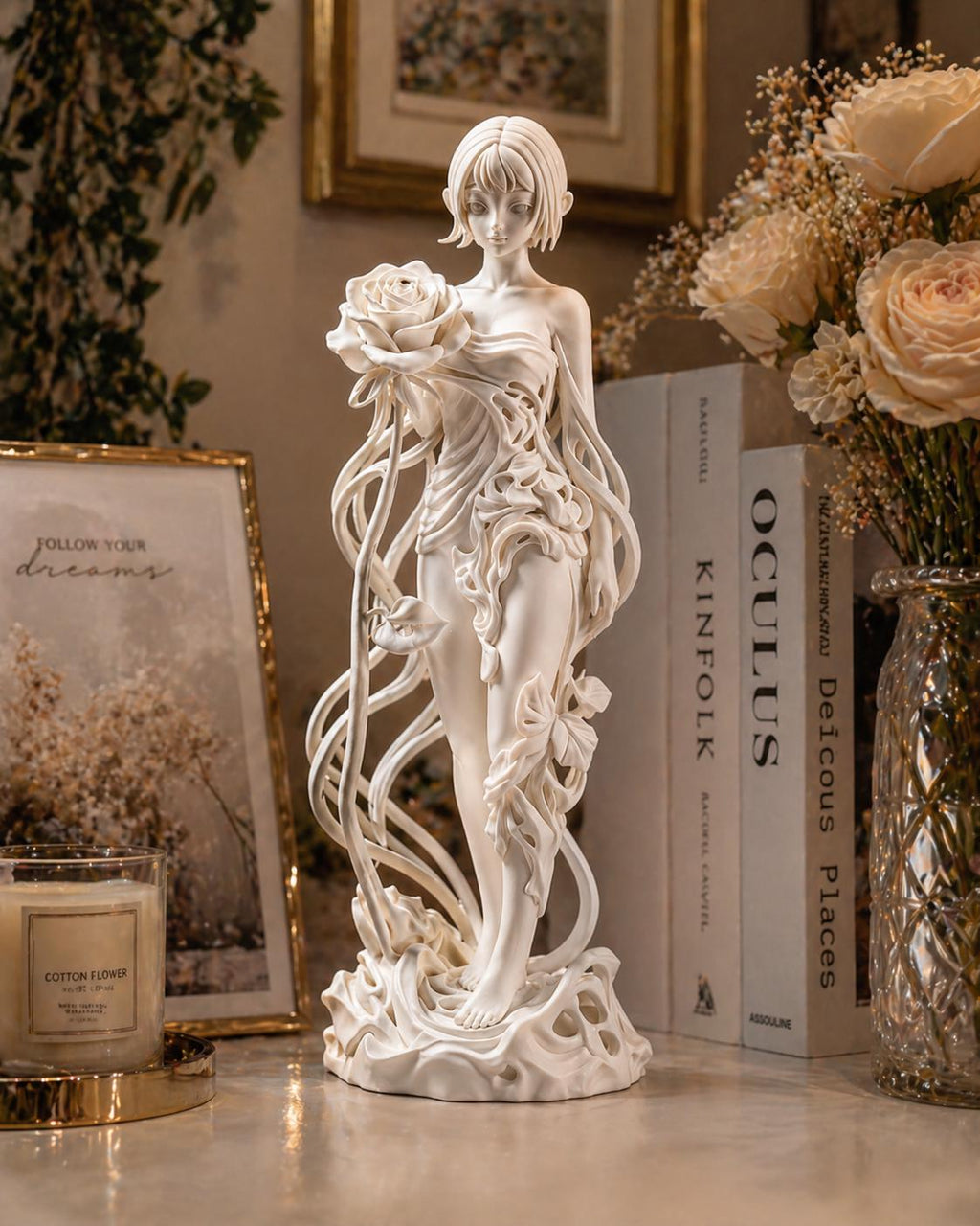 Rose Goddess Statue, Dark Feminine Sculpture, Anime Style Shelf Decor, Romantic Accent