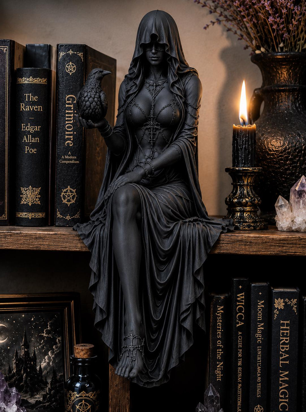 Gothic Raven Shelf Sitter Statue, Dark Feminine Reaper Figurine, Witchy Bookshelf Decor