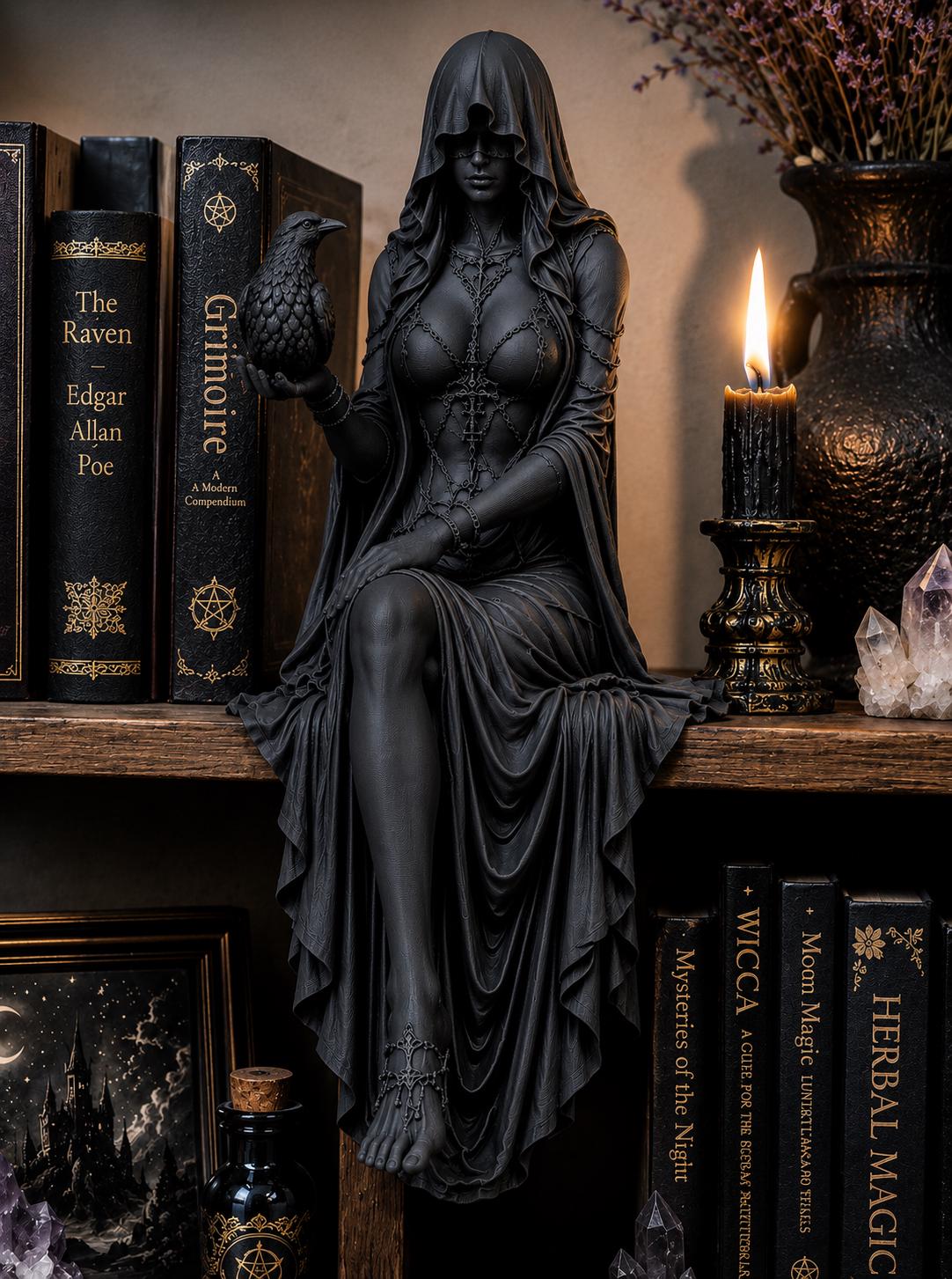 Gothic Raven Shelf Sitter Statue, Dark Feminine Reaper Figurine, Witchy Bookshelf Decor