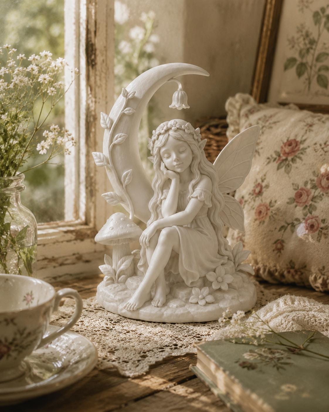 Sleeping Moon Fairy Statue, Whimsical Woodland Cottagecore Decor