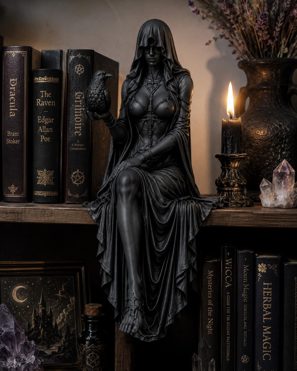 Gothic Raven Shelf Sitter Statue, Dark Feminine Reaper Figurine, Witchy Bookshelf Decor