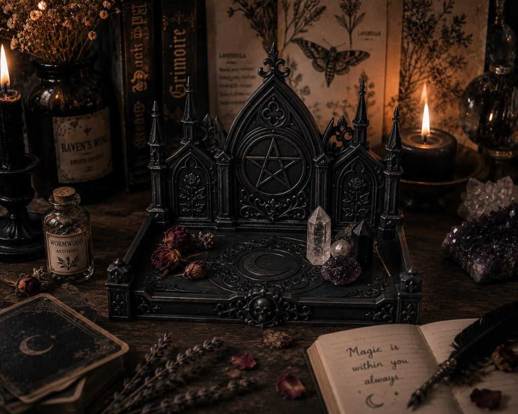 Gothic Witch Altar Tray, Victorian Crystal Display Shelf, Dark Academia Decor