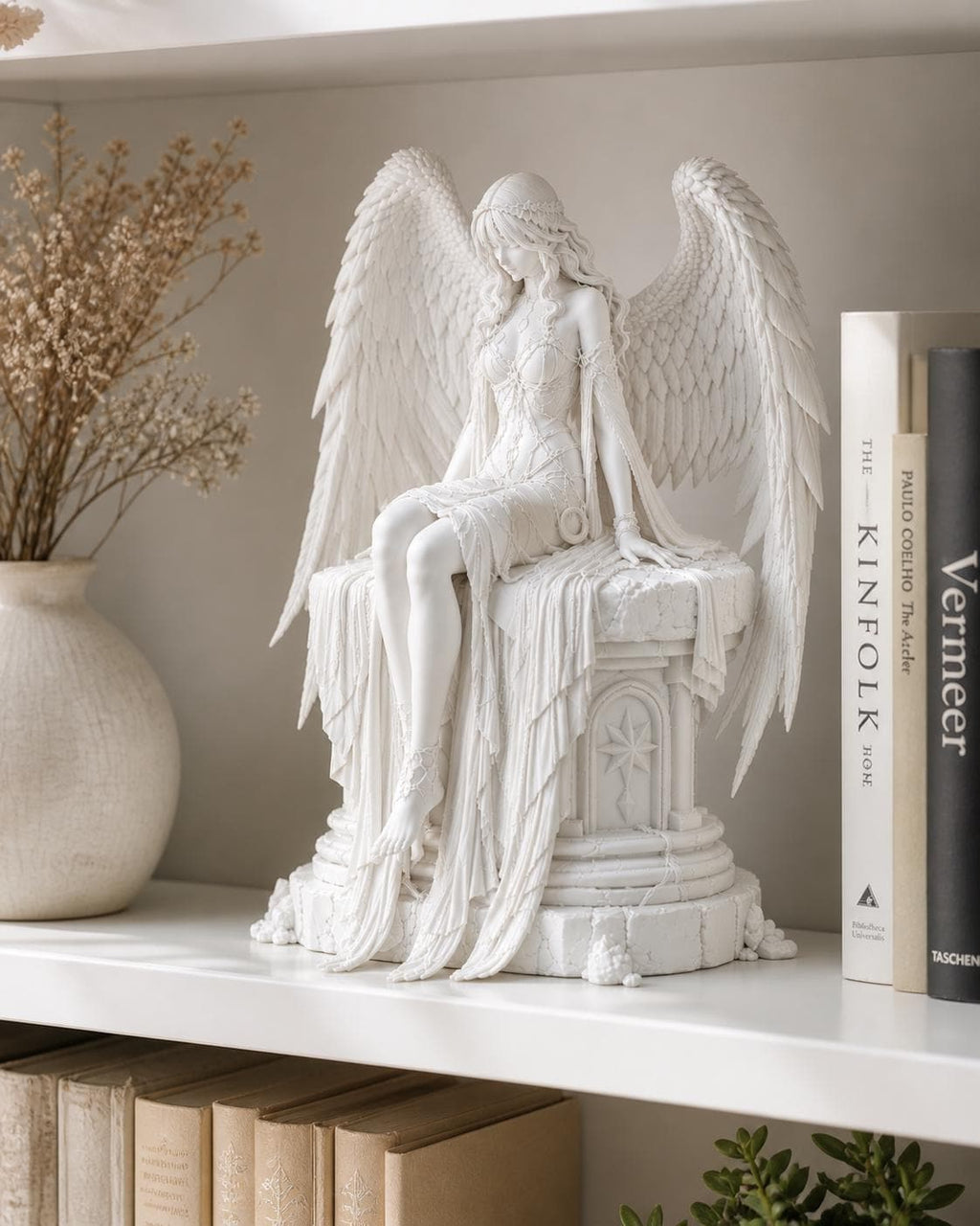 Dark Guardian Angel Statue, Gothic Fantasy Shelf Decor, White Angel Figurine