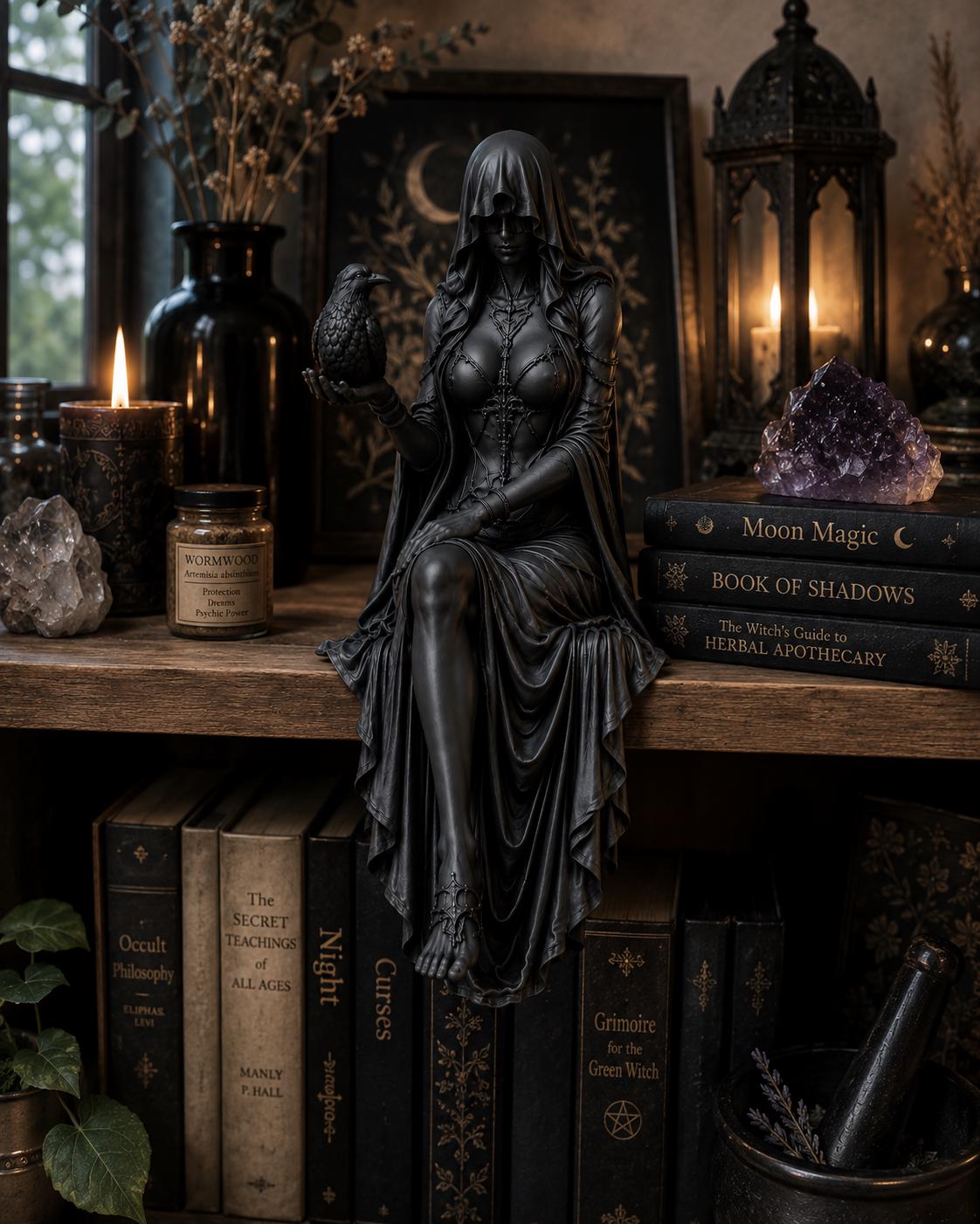 Gothic Raven Shelf Sitter Statue, Dark Feminine Reaper Figurine, Witchy Bookshelf Decor