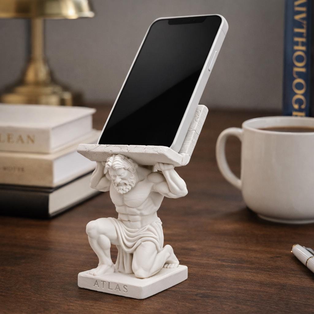 Atlas Phone Holder Sculpture, Greek Mythology Stand, Minimalist White Desk Decor