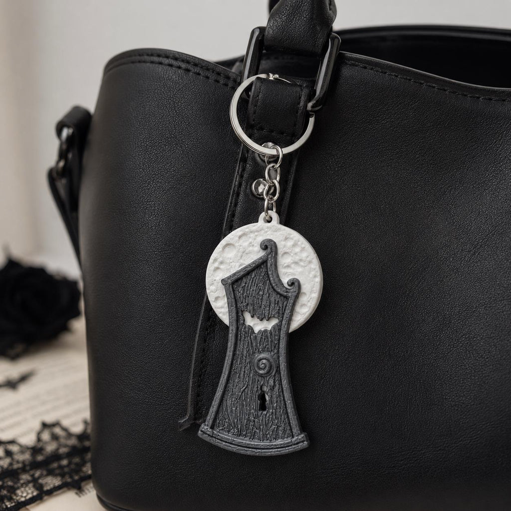 Gothic Moon Door Keychain, Dark Academia Bat Charm, Witchy Bag Accessory