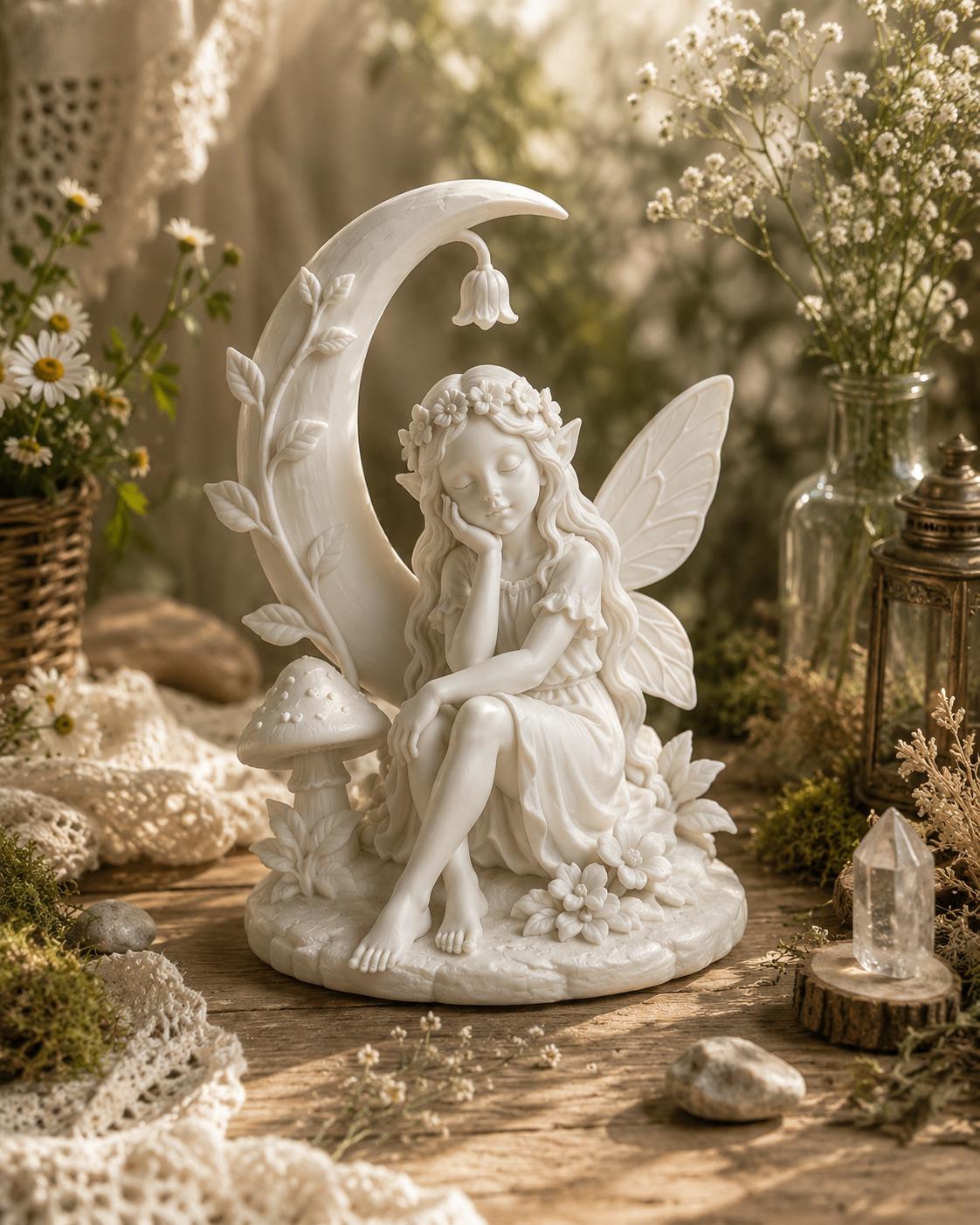 Sleeping Moon Fairy Statue, Whimsical Woodland Cottagecore Decor