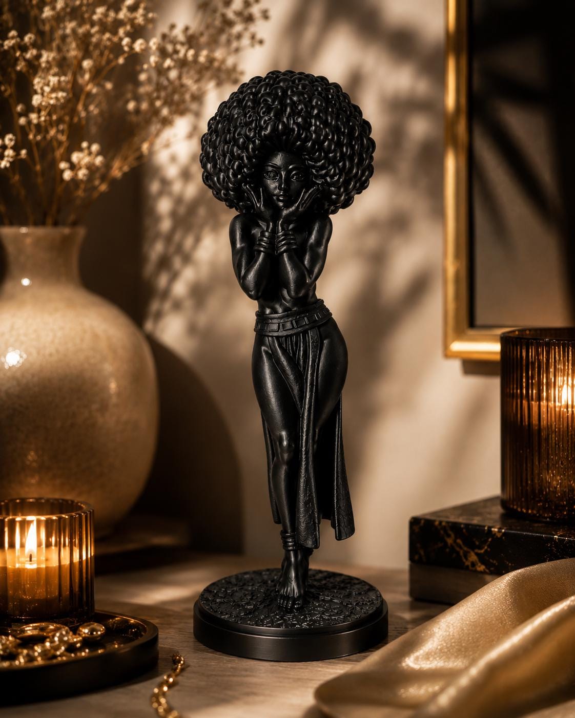 Afro Girl Statue, Modern Feminine Sculpture, Elegant Black Art Home Accent