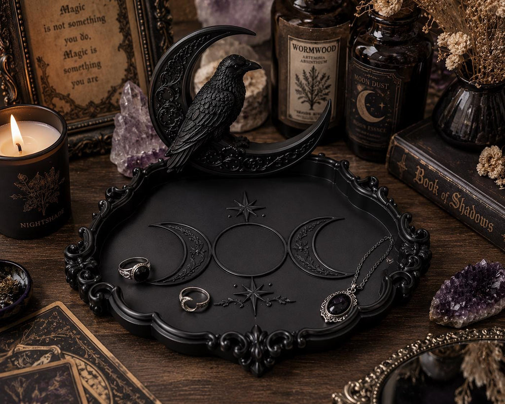 Gothic Raven Moon Tarot Tray, Triple Moon Altar Organizer, Witchy Jewelry Holder
