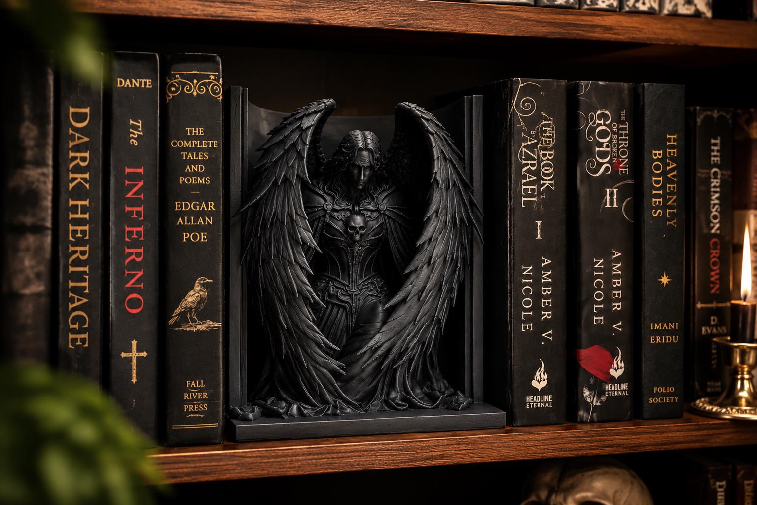 Dark Angel Book Nook, Gothic Fallen Statue, Dark Academia Shelf Decor