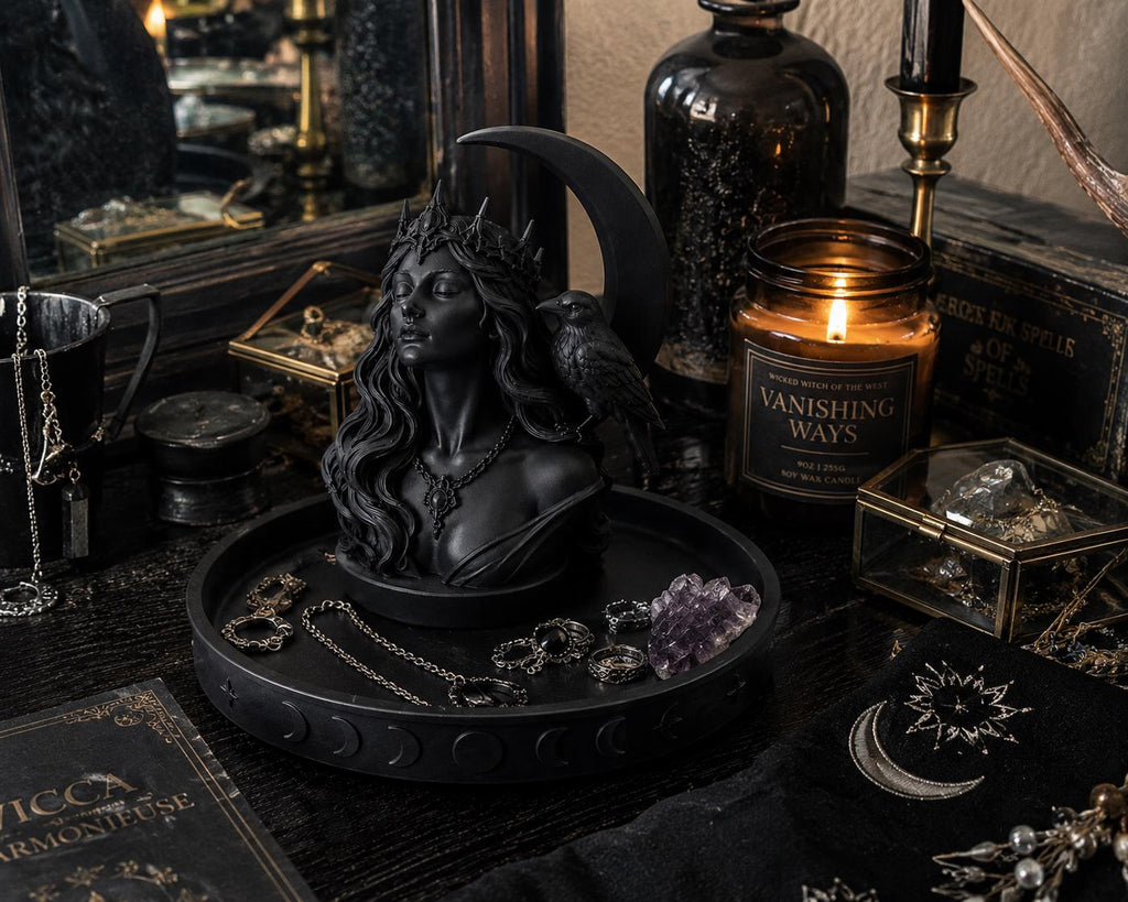 Gothic Moon Goddess Raven Tray, Witchy Jewelry Dish, Celestial Altar Organizer