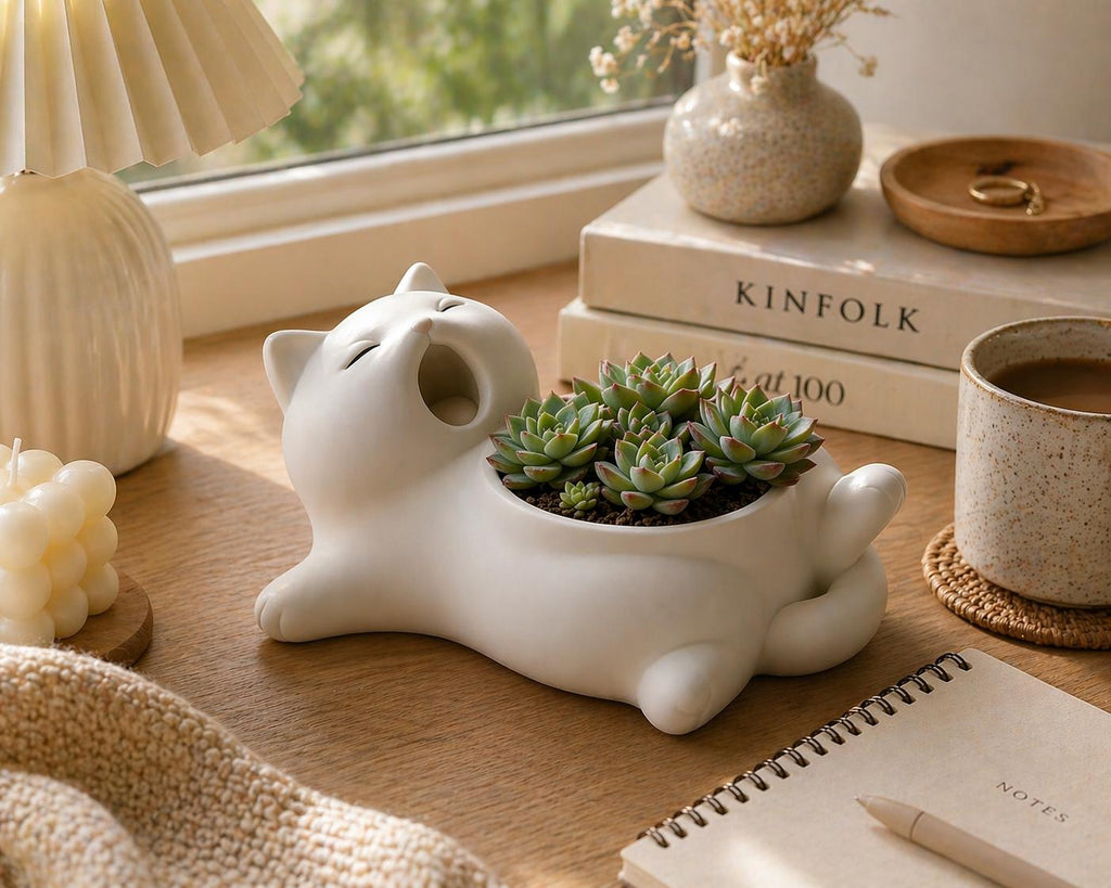 Sleepy Yawning Cat Planter, Succulent Pot, Cozy Desk Decor, Garden Decor