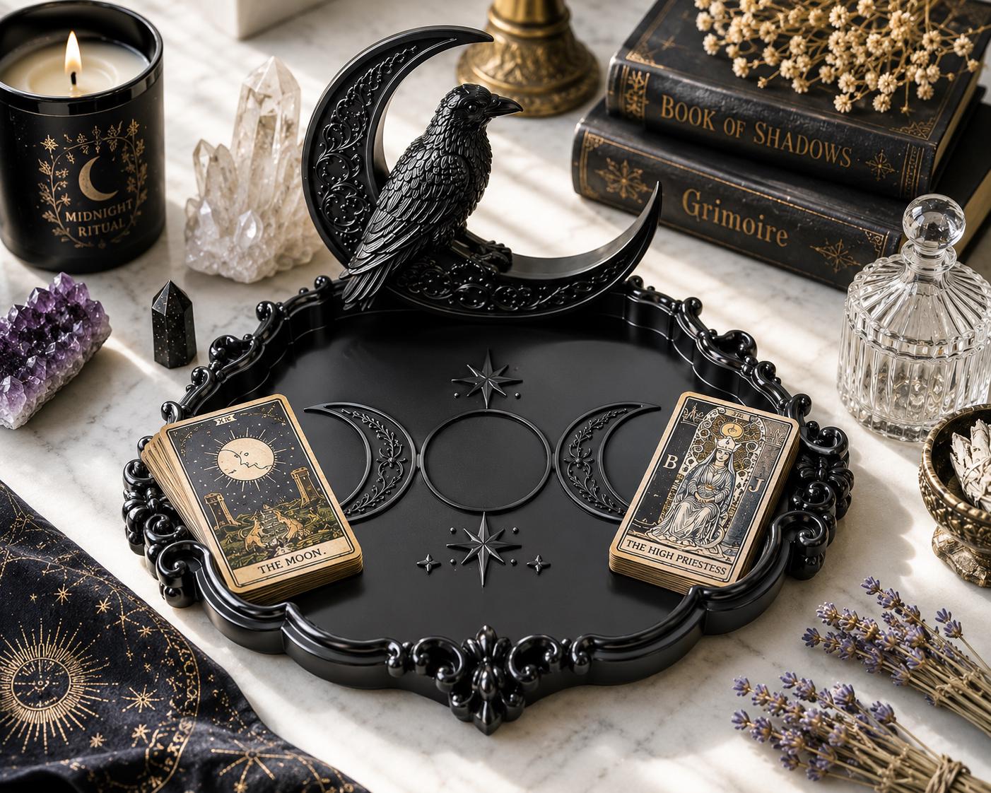 Gothic Raven Moon Tarot Tray, Triple Moon Altar Organizer, Witchy Jewelry Holder