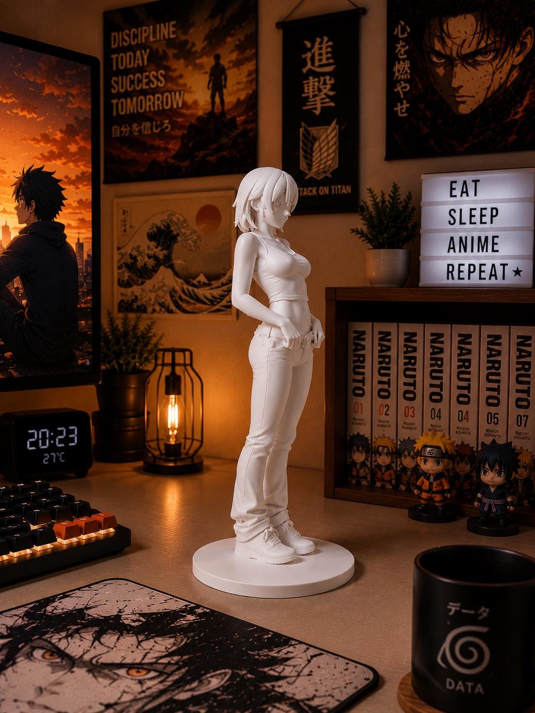 Anime Girl Figurine, Minimalist Manga Sculpture, 3D Printed Desk Decor
