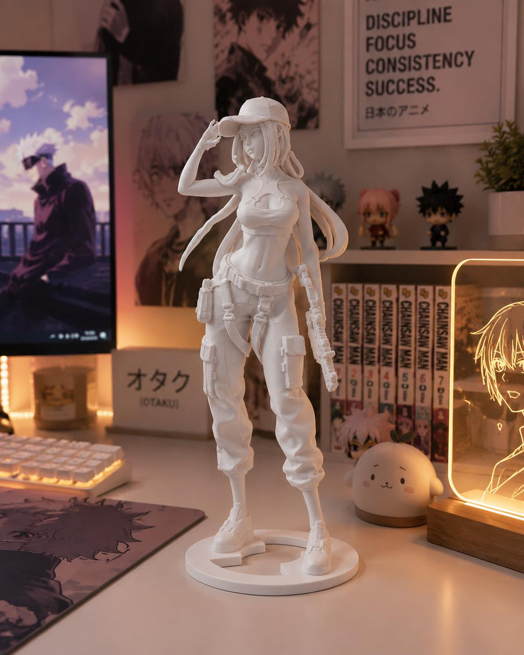 Anime Girl Figurine, 3D Printed Minimalist Sculpture, Otaku Gamer Desk Decor